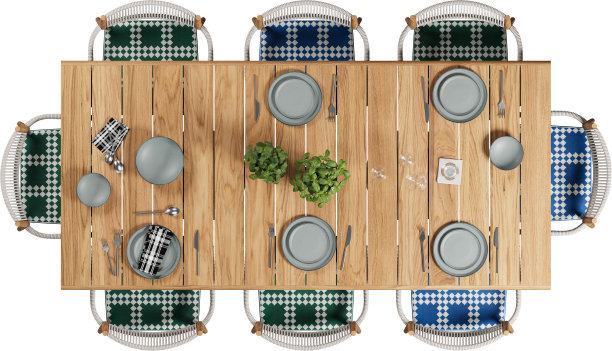 木制餐桌和椅子的俯视图图片下载