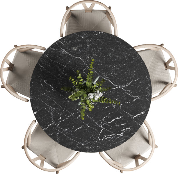 圆形黑色大理石餐桌和椅子的俯视图图片下载