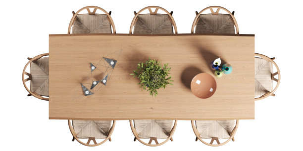 木制餐桌和椅子的俯视图图片下载