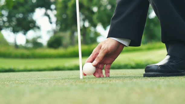 商人在高尔夫俱乐部户外绿地上进行高尔夫球练习，并辅以休闲运动训练课程。黑色西装的商人驾驶高尔夫爱好图片下载