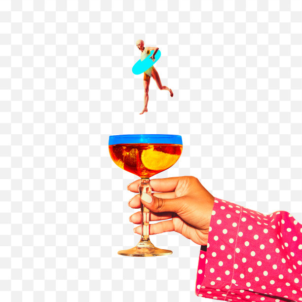 穿着泳装，戴着帽子，漂浮着圆圈的年轻女子端着美味的酸甜鸡尾酒跳入课堂。夏日酒吧邀请。当代艺术拼贴。图片下载