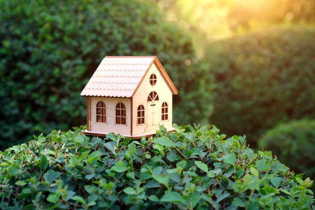 一个漂亮的小木制玩具房子放在花园里的装饰灌木上。图片下载