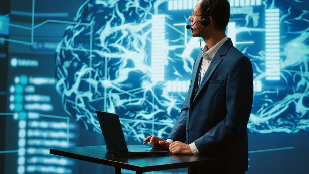 演讲者在远程呼叫在线人工智能网络研讨会上与观众交谈图片下载