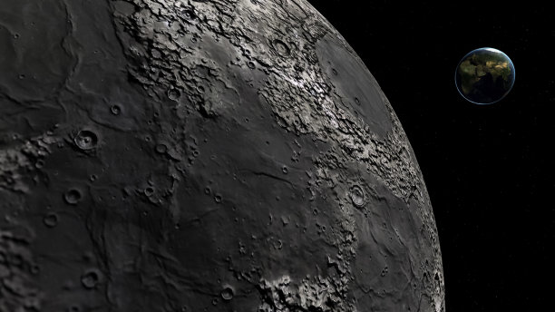 以地球为背景的月球表面的CGI图像图片下载
