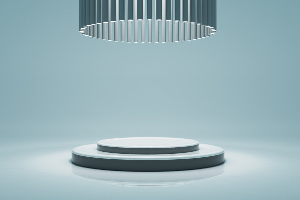 抽象的蓝色圆白色闪亮的讲台。舞台背景。圆的基座。舞台舞台与灯光。斯多克的照片图片下载