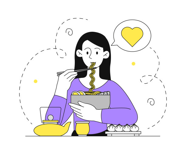 吃拉面的女人。小女孩在吃传统的韩国食物。碗里有面条的人。外卖和快餐。亚洲咖啡馆或餐厅菜单。线性平面矢量图图片下载