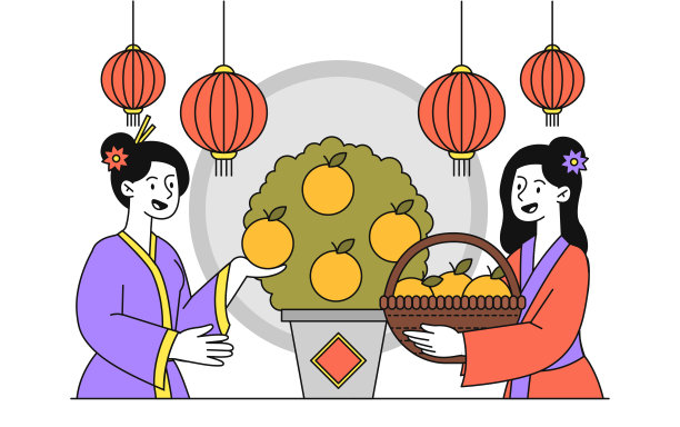 吃橘子的人。身着亚洲服饰的男女提着篮子采摘柑橘类水果。含维生素的天然有机产品。线性平面矢量图图片下载