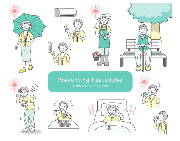 简单的线条画说明一套老年人防暑措施图片下载
