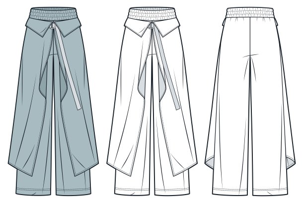 裹裤技术时尚插画。阔腿裤时尚平面技术图纸模板，宽松合身，松紧腰带，前后视图，白色，绿色，女，男，男女通用的CAD模型集。图片下载