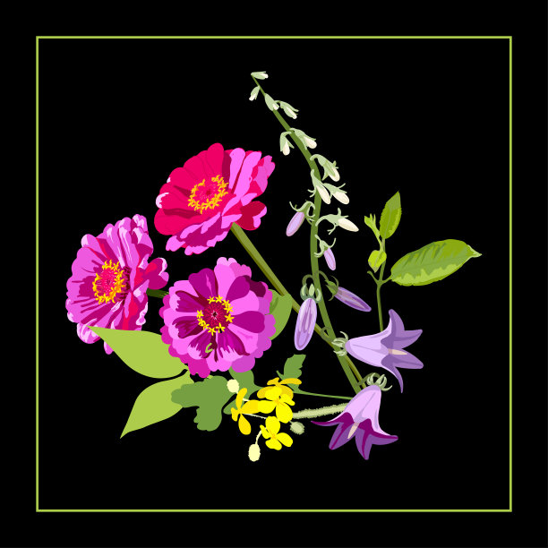 矢量花卉图案在一个正方形上的黑色背景花束不同的花桌布，围巾，头巾的设计图片下载