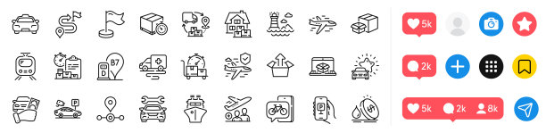 汽车审查，飞机和发送框线图标包。用于web应用程序。社交媒体图标。向量图片下载