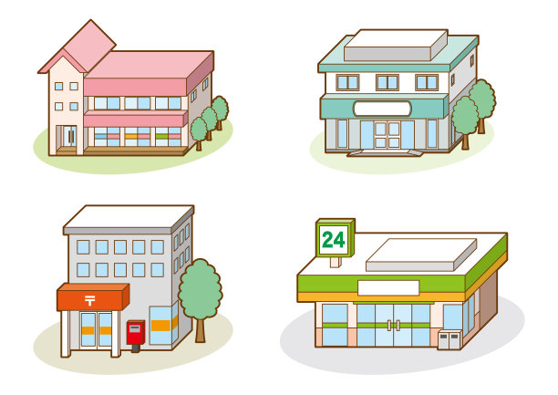 各种建筑的三维矢量插图。图片下载
