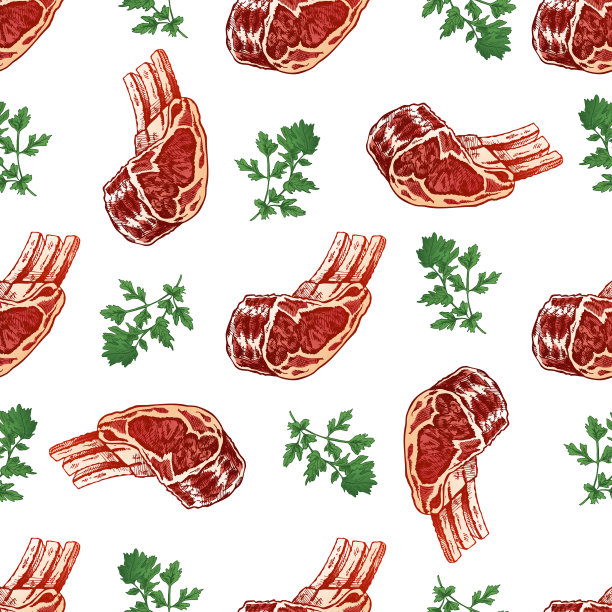 手绘矢量无缝模式的牛肉牛排与绿色，一块肉在骨头上。涂鸦复古素描插图。咖啡馆菜单和标签的装饰。雕刻的形象。图片下载