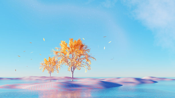 超现实的粉彩景观夫妇金色的树和飞叶在粉彩沙丘，美丽的梦想背景。图片下载