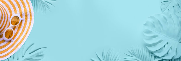 你好，暑假概念与色彩缤纷的帽子在沙滩上抽象的风格。热带旗帜背景图片下载