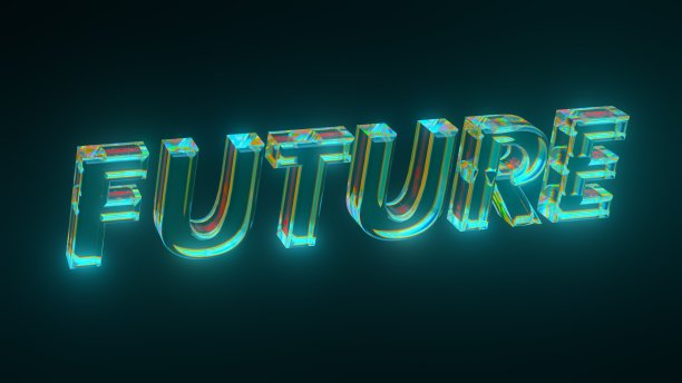 蓝绿色发光发光未来3D文本渲染与玻璃色散纹理效果图片下载