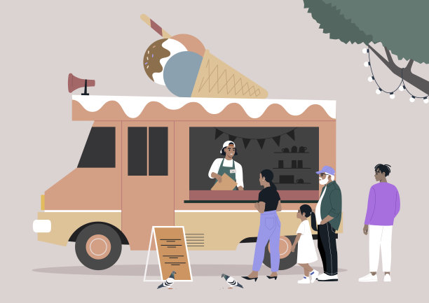 阳光明媚的日子里的甜点一辆色彩鲜艳的餐车，顶上放着一个冰淇淋蛋筒，为一排高兴的顾客提供清凉的食物图片下载