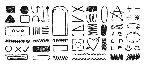 一套手绘木炭涂鸦，箭头，不同的标志和符号，平面设计装饰。矢量插图。图片下载