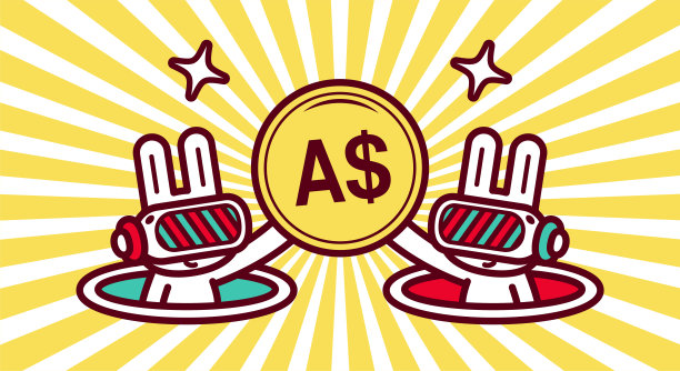 两只戴VR眼镜的可爱酷兔子从虚拟洞穴中跳出，展示一枚金色钱币图片下载