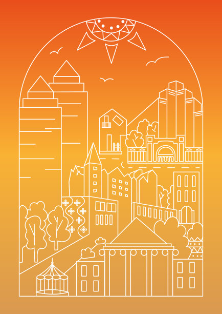 城市景观线矢量插图与摩天大楼，塔，公园，树木，河流，云和教堂。架构组成。城市的观点。平面图片为您设计，包装，明信片。图片下载