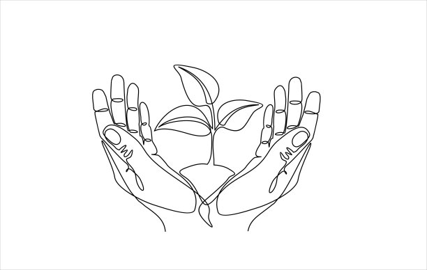 单手连续握住树叶。植物叶子生长行星地球幼苗生态自然概念设计素描矢量插画艺术图片下载