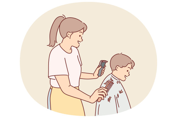 女儿童理发师给小男孩理发，手里拿着剪刀和梳子图片下载