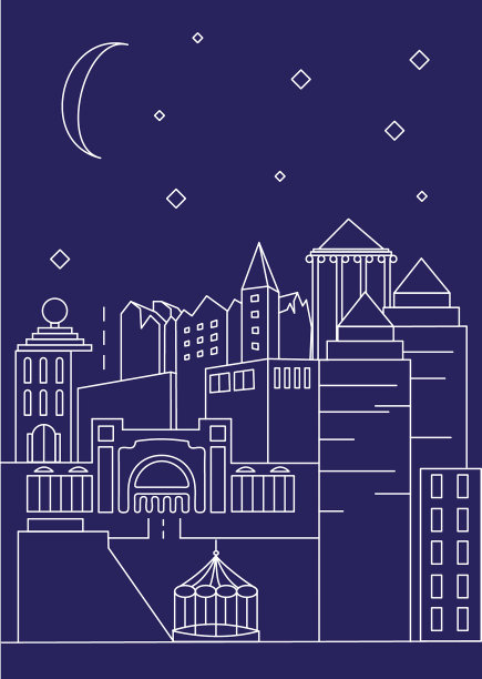 城市景观线矢量插图与摩天大楼，塔，公园，树木，天空和太阳，和一个教堂。架构组成。收藏的一部分。平面图片为您的设计，包装和明信片。图片下载