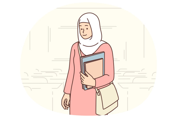 穆斯林女学生站在礼堂里，手里拿着书，穿着伊斯兰服装和长袍图片下载