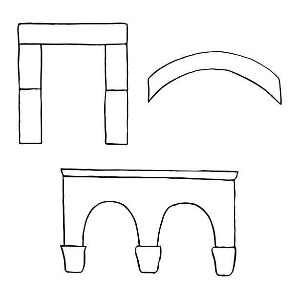 柱廊和古代石拱从古希腊和罗马帝国矢量插图集。黑白线条的建筑元素以简洁的平面风格呈现图片下载