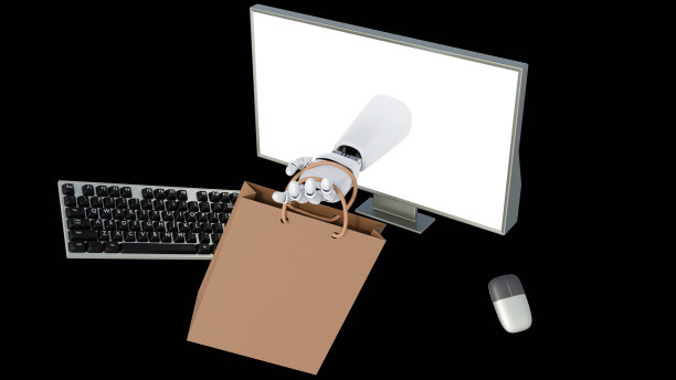 一只机械手臂从显示器屏幕上拿着一个棕色纸袋图片下载