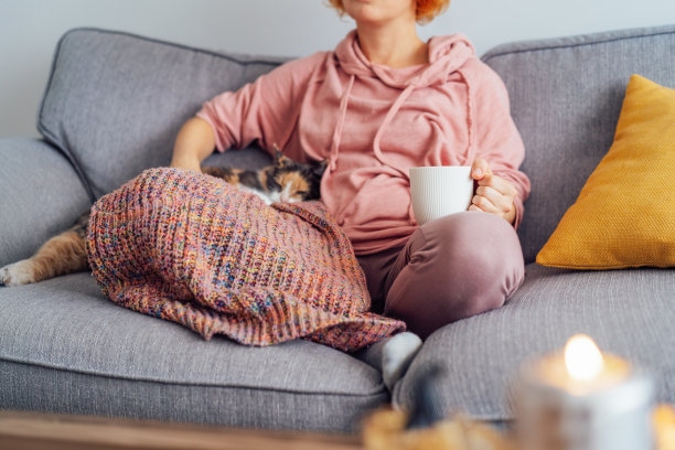 近距离的格纹女人端着一杯茶或咖啡，在家里的沙发上看电影，电视和五颜六色的猫，为秋天的假期装饰。温馨舒适的秋季概念。有选择性的重点图片下载