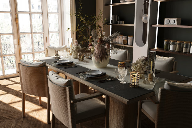 现代厨房用餐区的3D效果图图片下载