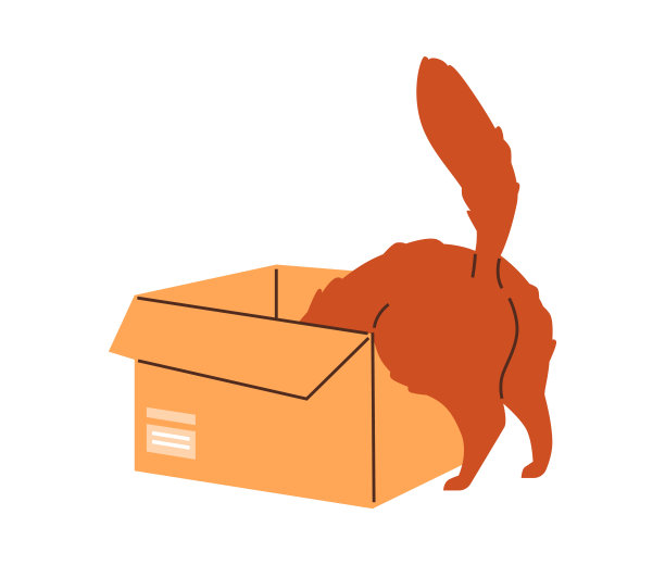 可爱的姜姜猫玩耍，爬进纸板箱里，矢量有趣的小猫躲起来看卡通毛茸茸的猫宠物图片下载