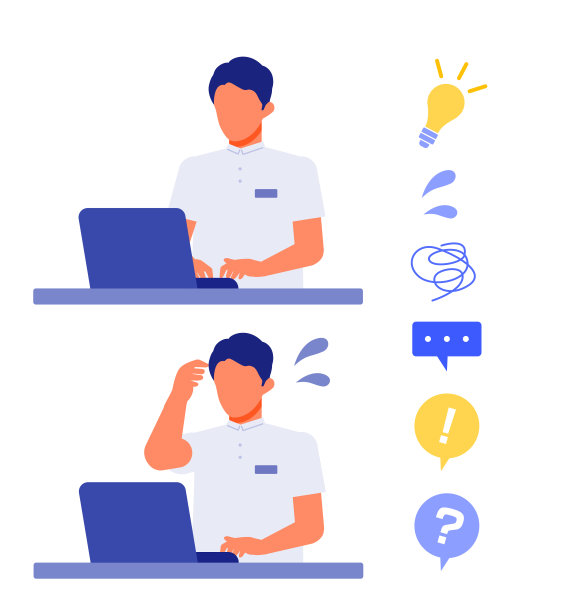 工作的人。解决问题的概念。卡通人物。人们面对头像和图标。PC人的特写图像。图片下载