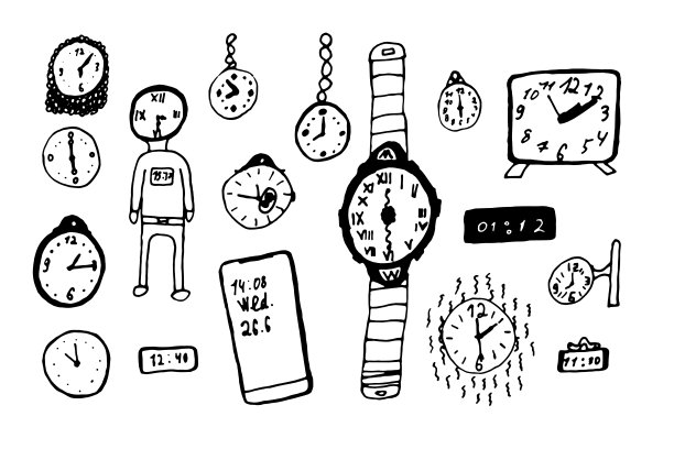 矢量黑白集孤立的时钟和时间，手绘涂鸦在白色背景。不同类型的古董表。图片下载