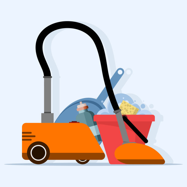 清洁和家务工具的概念。吸尘器，扫地刷，簸箕，装满水和肥皂泡沫的桶。可爱的平面风格矢量插图。图片下载