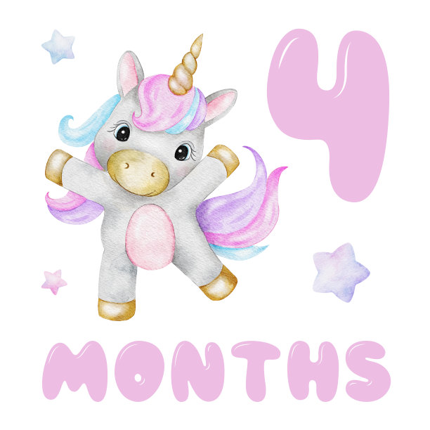 可爱的独角兽和星星的婴儿里程碑卡。宝宝四个月了。四个月大的女婴。每月号码卡。新生儿月明信片。儿童照片卡。图片下载