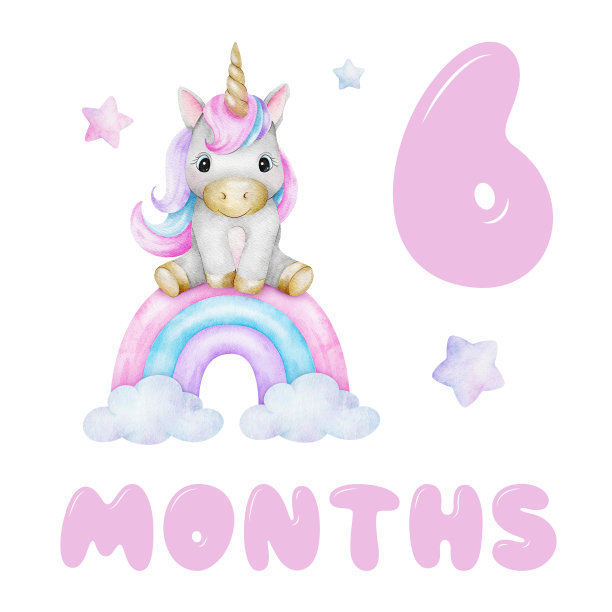 彩虹和星星上可爱的独角兽宝宝里程碑卡。宝宝六个月了。六个月大的女婴。每月号码卡。新生儿月明信片。儿童照片卡。图片下载