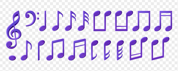 乐谱元素的旋律记录。高音谱号和音符图标。紫色金属装饰爵士吉他节海报。音乐会设置在3d卡通光泽渲染。节点评分卡拉ok图片下载