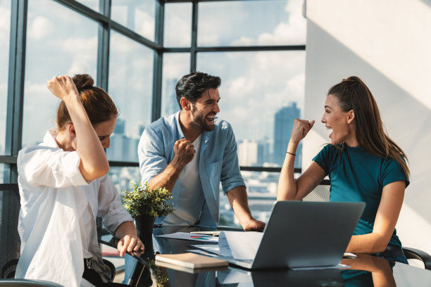 一群快乐的商人庆祝他们成功的项目。窗饰。图片下载