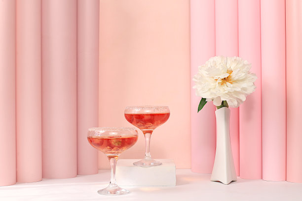 现代夏季静物与粉红色的马提尼，酒精鸡尾酒和牡丹花在优雅的现代背景，最小的概念酒吧和节日聚会，咖啡馆，广告横幅，选择性的焦点，图片下载