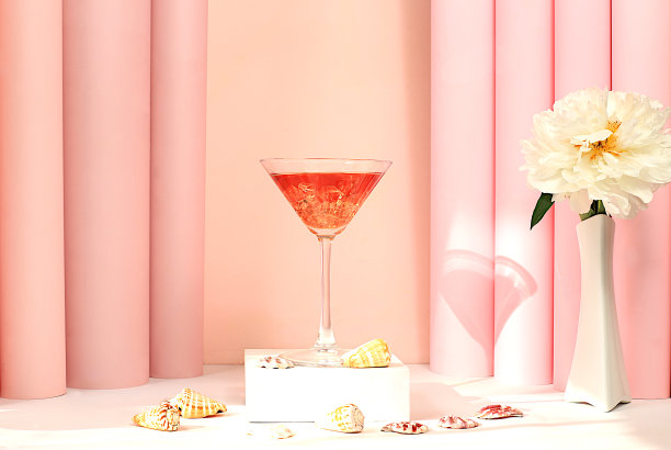 现代夏季静物与粉红色的马提尼，酒精鸡尾酒，贝壳和牡丹花在优雅的现代背景，最小的概念酒吧和节日聚会，咖啡馆，广告横幅图片下载