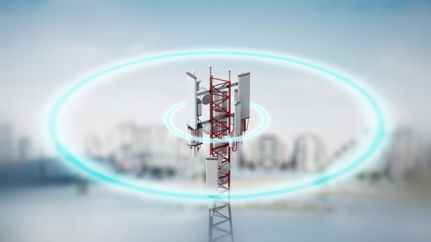 GSM中继塔在城市景观中发射波的3D图像- 3D渲染图片下载