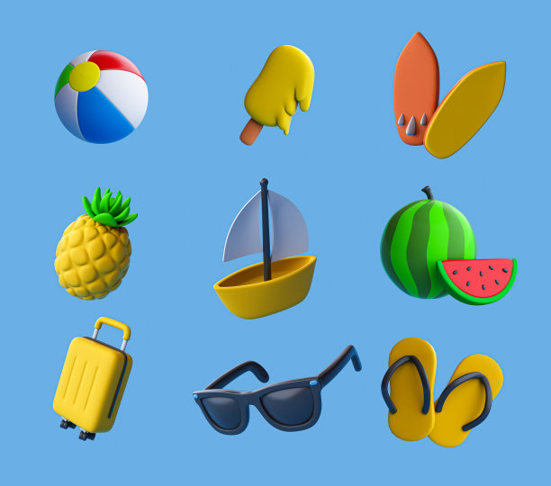 三维渲染的暑假海边海滩集。图片下载