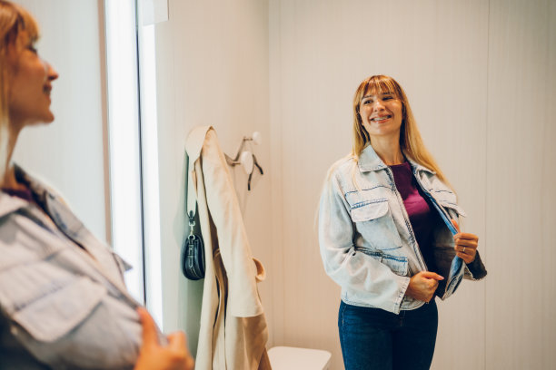 年轻女子在试衣间试衣服图片下载