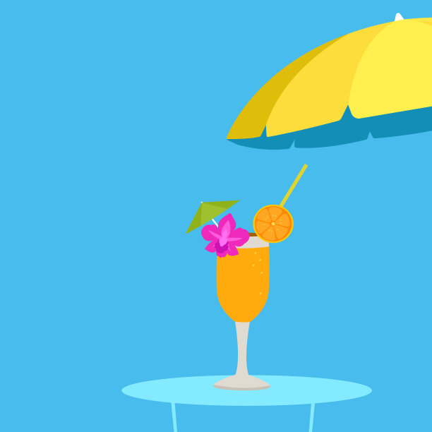 橙汁鸡尾酒在热带夏季海滩上饮用，饮料与紫兰花花在游泳池别墅度假，简约的风格，轻松的旅行和度假度假的概念，矢量插图。图片下载