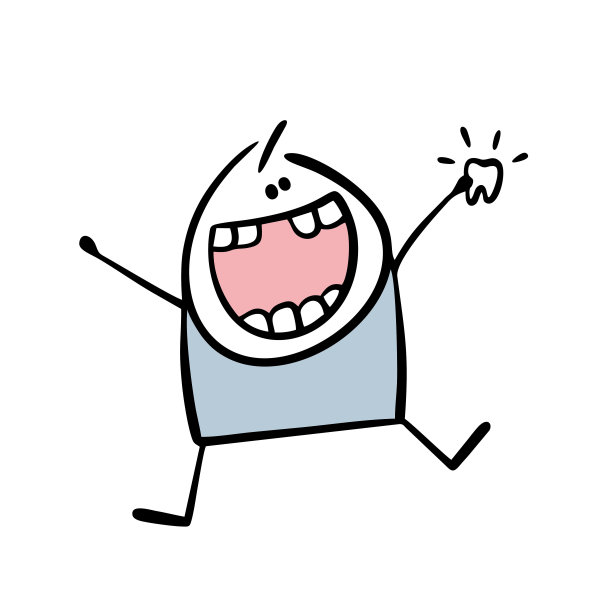 小男孩张着嘴高兴地跳着，露出了牙齿。可爱的乳牙掉了。卡通有趣的孩子等待着仙女的礼物。孤立的涂鸦字符在白色的背景。图片下载