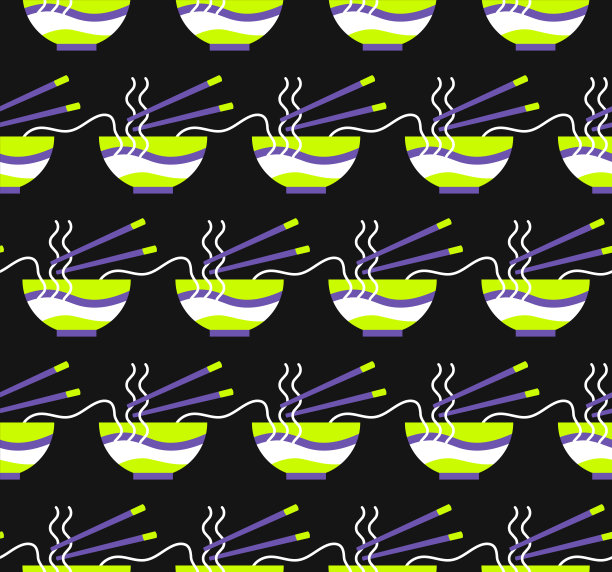 矢量无缝模式与面条和筷子在黑色背景。图片下载