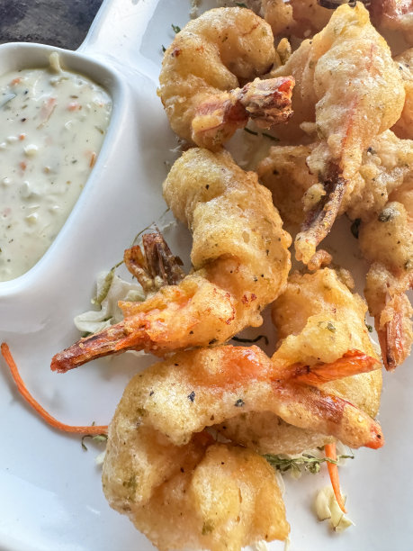 全画幅图片的虾天妇罗开胃菜与蘸碗蛋黄酱上的矩形白色盘子，油炸油炸的海鲜，抬高视图图片下载