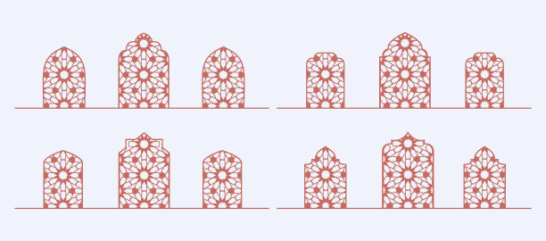 阿拉伯清真寺的窗户、拱门、大门。装饰花边、装饰圆弧、门框。线矢量框架图案。图片下载